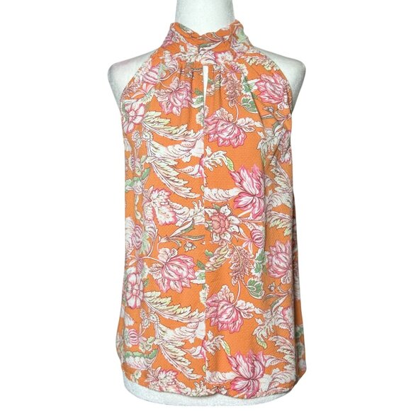 Rachel Roy Women's Multicolor Orange Floral Print Pleated Collar Tank Top Size M - Picture 4 of 9